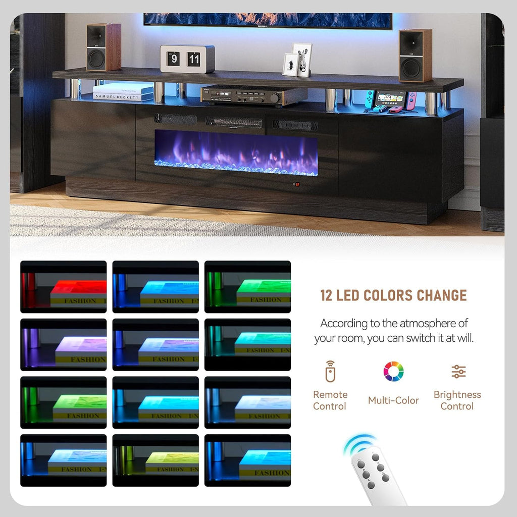 MXV 70" Fireplace TV Stand, Modern Entertainment Center & 36 Inch Electric Fireplace with Remote Control, LED Light, Fire Place Tv Stand for Living Room for TVs up to 80", Black + Black