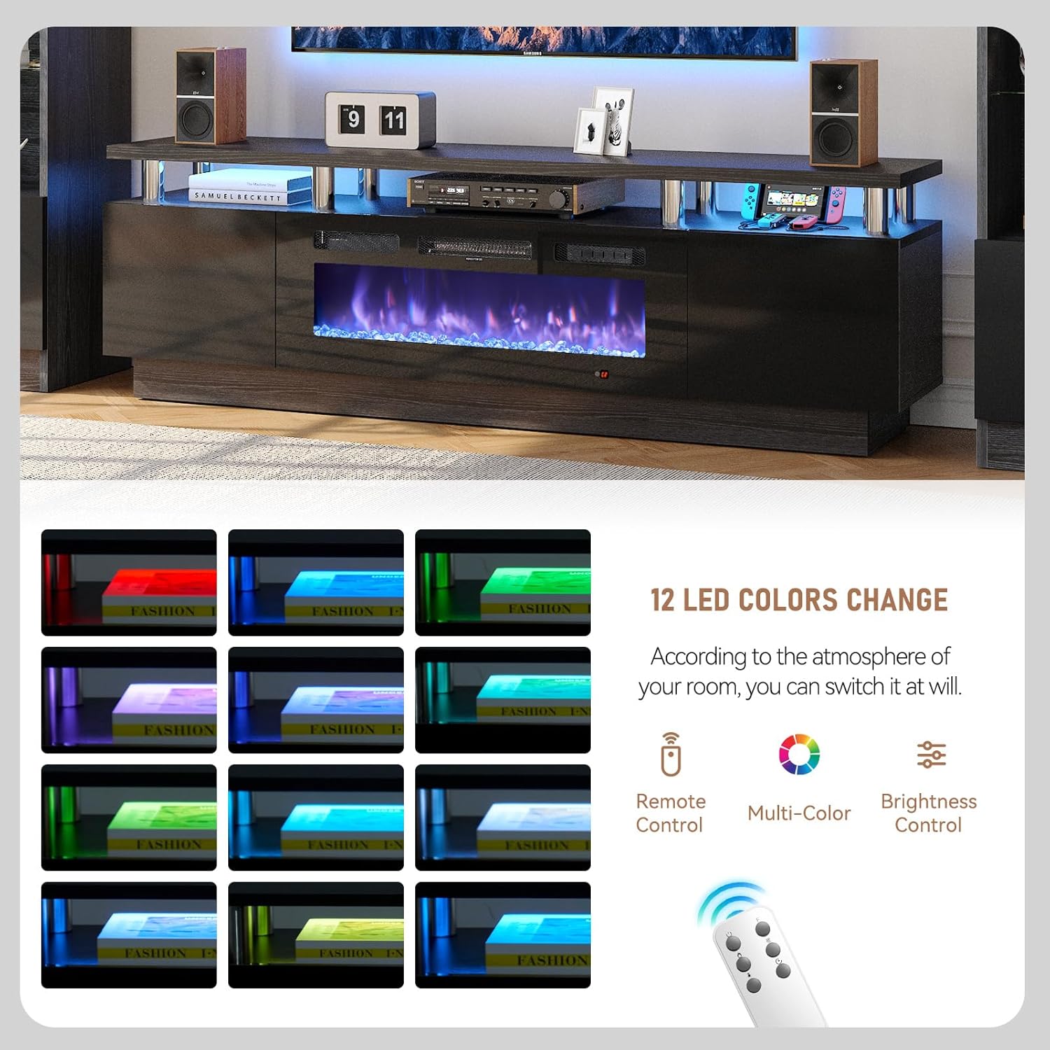 MXV 70" Fireplace TV Stand, Modern Entertainment Center & 36 Inch Electric Fireplace with Remote Control, LED Light, Fire Place Tv Stand for Living Room for TVs up to 80", Black + Black