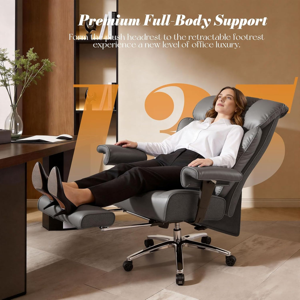 Efomao Big and Tall Office Chair 400lbs - Heavy Duty Executive Desk Chair with Foot Rest & 23" Wide Seat - High Back Ergonomic Leather Computer Chair for Heavy People, Home Office, Grey