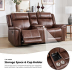 EBELLO Faux Leather Recliner Loveseat Sofa, Manual Reclining Couch, Mid-Century Modern 2-Seater Chair with Handy Cup Holders and Storage Space, for Living Room, Meeting Room, Brown