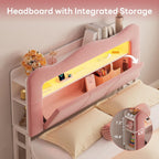 LIKIMIO Full Upholstered LED Bed Frame with 2 Storage Drawers and Bookcase Storage Headboard, Velvet Princess Platform Bed with Charging Station, Heavy Duty Metal Support, No Box Spring Needed, Pink