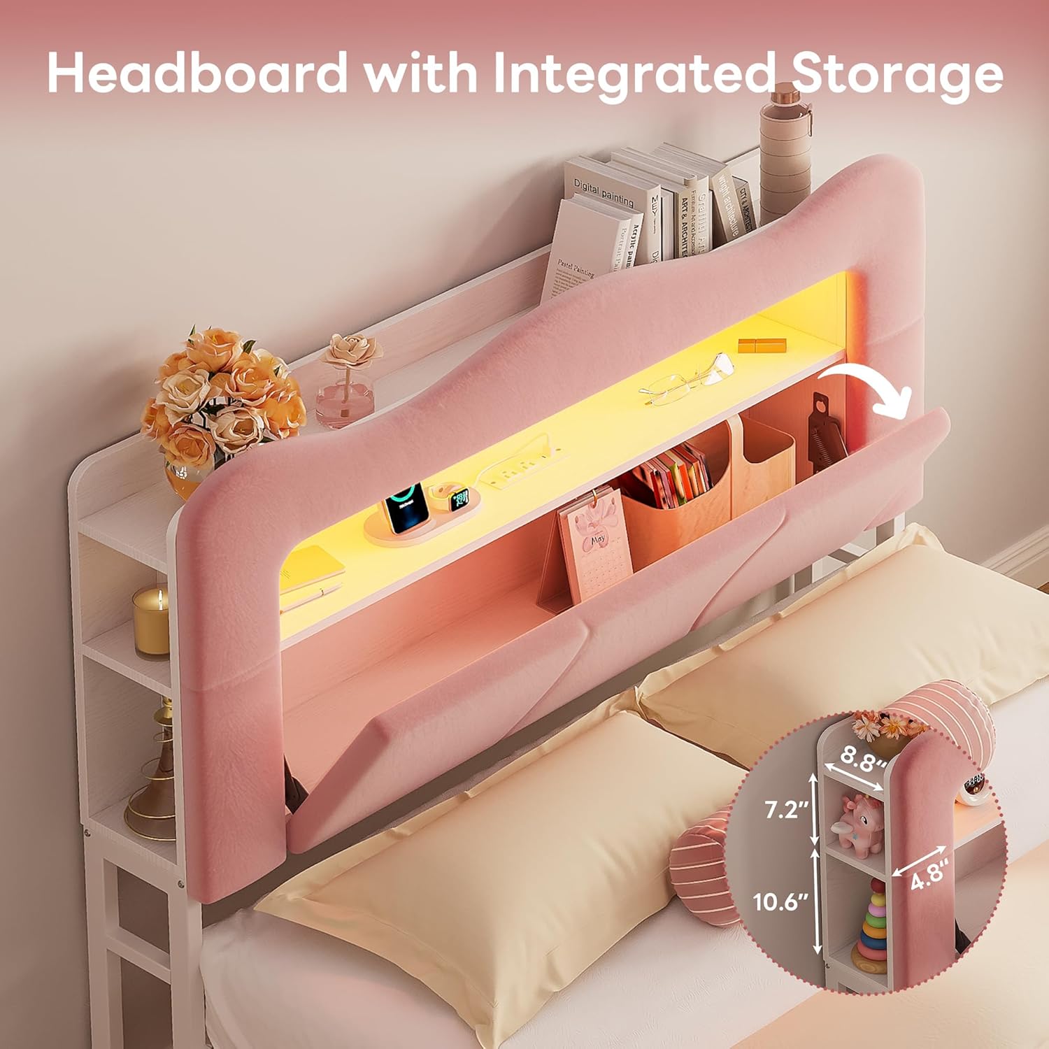 LIKIMIO Full Upholstered LED Bed Frame with 2 Storage Drawers and Bookcase Storage Headboard, Velvet Princess Platform Bed with Charging Station, Heavy Duty Metal Support, No Box Spring Needed, Pink