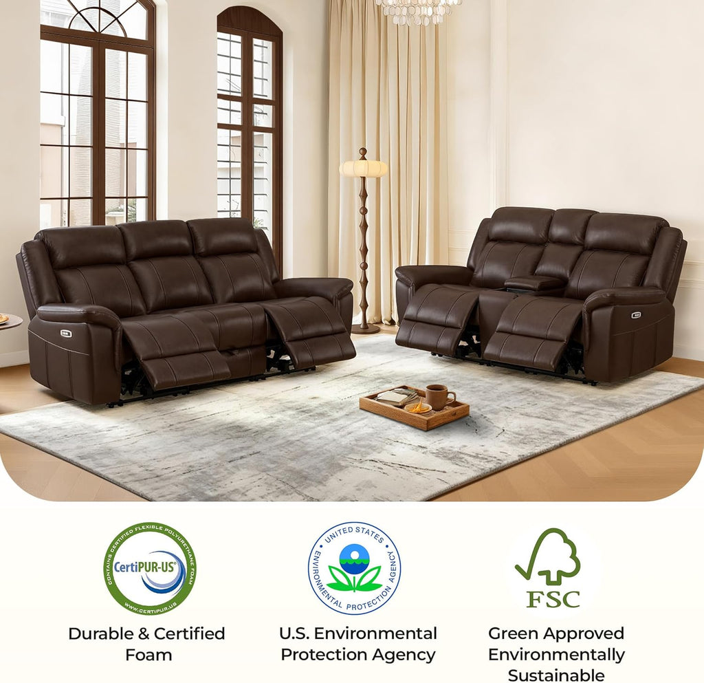 CHITA Genuine Leather Power Recliner Sofa, Wall Hugger Reclining Loveseat with Power Headrest, Charging Ports, Reclining Sectional Couch for Living Room, RV, Dark Brown