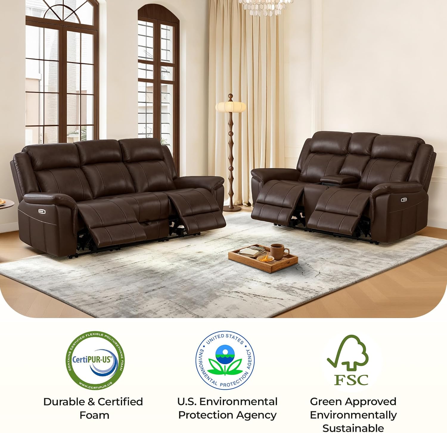 CHITA Genuine Leather Power Recliner Sofa, Wall Hugger Reclining Loveseat with Power Headrest, Charging Ports, Reclining Sectional Couch for Living Room, RV, Dark Brown