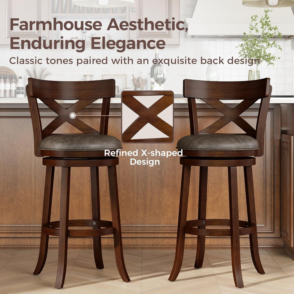 MAISON ARTS Swivel Bar Stools Set of 4, 30 Inch Bar Height Barstools with Backs, PU Leather Upholstered Seat Wood Bar Chairs with Wrap-Around Footrest for Kitchen Island, Pub, Walnut