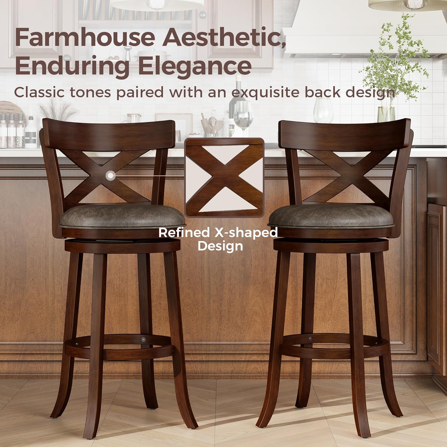 MAISON ARTS Swivel Bar Stools Set of 4, 30 Inch Bar Height Barstools with Backs, PU Leather Upholstered Seat Wood Bar Chairs with Wrap-Around Footrest for Kitchen Island, Pub, Walnut
