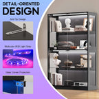 AMERLIFE RGB Display Cabinet with Adjustable Glass Shelves, 4-Tier Storage Case with LED Lights & Press-to-Open Doors, Modern Display Shelf for Collectibles, Black 70" H×45" L×16" D