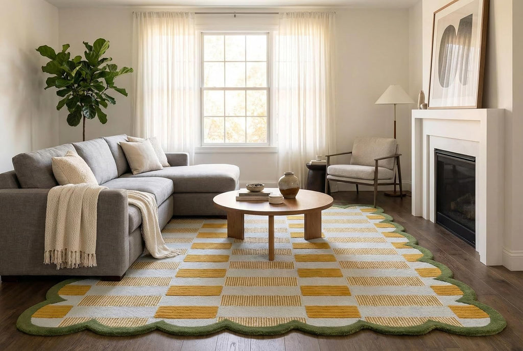 Hand-Tufted Scalloped Wool Area Rug, Modern Plaid Checkered Pattern, Soft & Durable Cozy Accent Rug for Living Room, Bedroom & Nursery, Handmade Decorative Floor Carpet (Light Blue, 8' x 10')