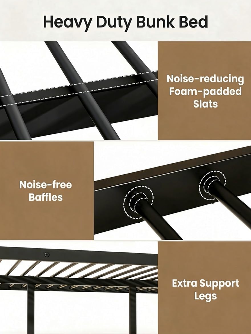 Full Over Full Bunk Bed, Convertible into 2 Full Beds, Heavy-Duty Metal Bed Frame with Safety Full-Length Guardrails & EVA Padded Ladder for Adults, Teens, Kids, No Box Spring Needed, Black