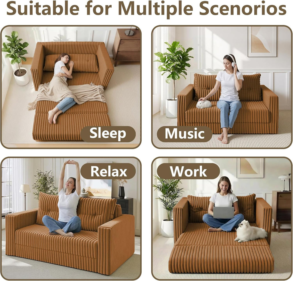 HABUTWAY Folding Sofa Bed, 2 in 1 Convertible Sleeper Chair with Pillow, Portable Fold Out Chair Bed with Armrest, Comfy Floor Couch, Lazy Sofa for Living Room Bedroom Dorm Home Office, Orange