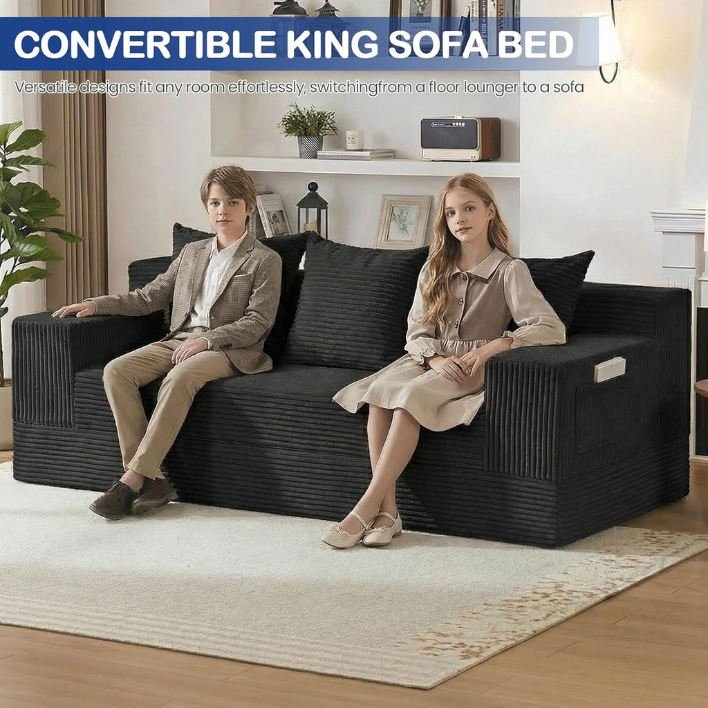 2 in 1 Convertible Boneless Couch Bed, Corduroy futon Sofa Bed, Compression Folding Floor Couch Sofas Bed with 3 Pillows for Bedroom, Small Space Guest and Living Room Sofa (Black, 78 Inches)