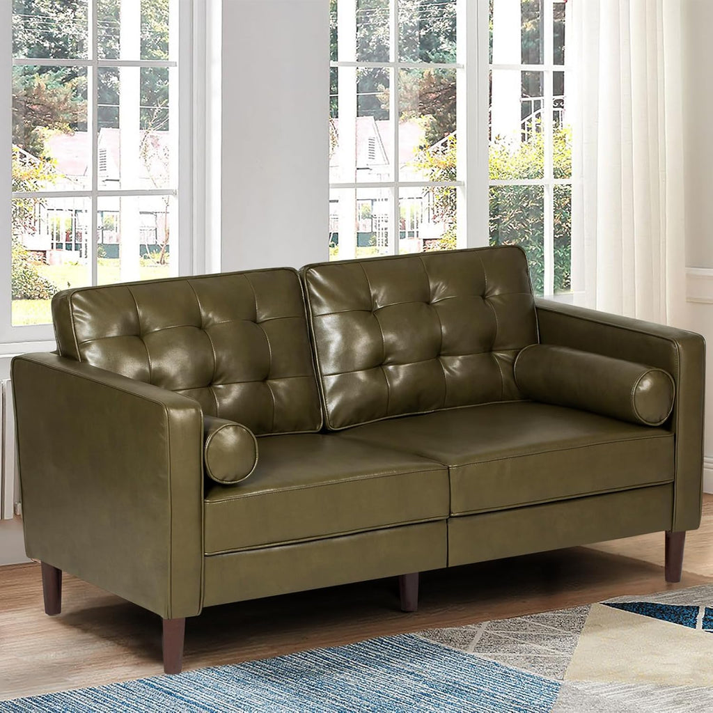 67" Premium Faux Leather 2-Seater Sofa with 2 Bolster Pillows and Tufted Backrest, Mid-Century Modern Loveseat Sofa, Luxury Couch for Living Room, Bedroom, Office, Olive Green