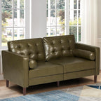 67" Premium Faux Leather 2-Seater Sofa with 2 Bolster Pillows and Tufted Backrest, Mid-Century Modern Loveseat Sofa, Luxury Couch for Living Room, Bedroom, Office, Olive Green