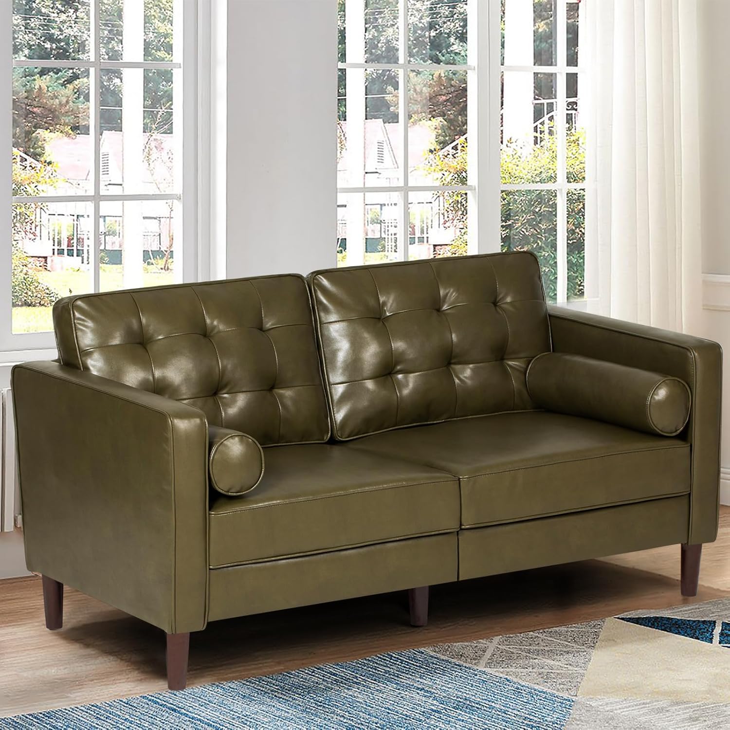 67" Premium Faux Leather 2-Seater Sofa with 2 Bolster Pillows and Tufted Backrest, Mid-Century Modern Loveseat Sofa, Luxury Couch for Living Room, Bedroom, Office, Olive Green