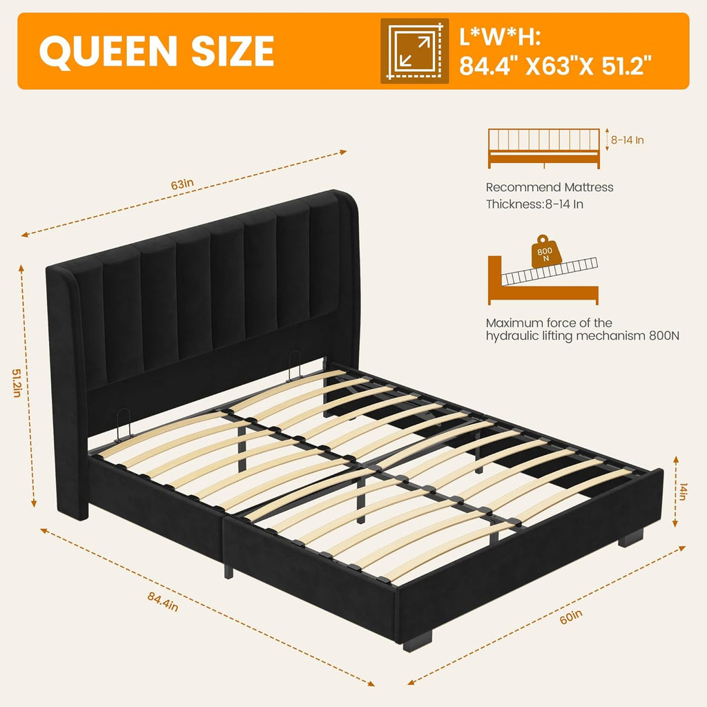 51" Tall Headboard Lift Up Bed Frame, Queen Size Bed Frame with Storage Underneath, Velvet Wingback Design, No Box Spring Required, Wood Slats Support, Noise-Free Bed (Queen,Black)