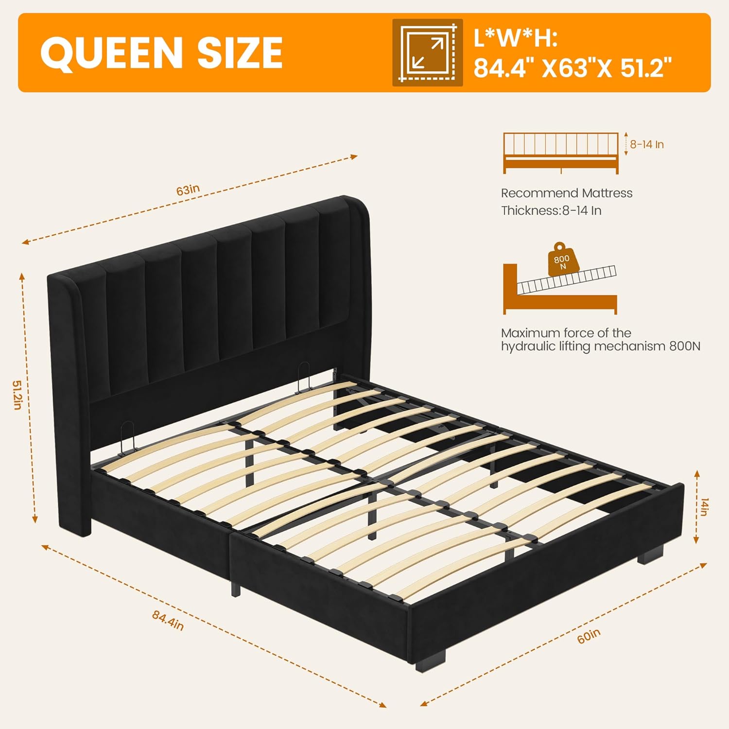 51" Tall Headboard Lift Up Bed Frame, Queen Size Bed Frame with Storage Underneath, Velvet Wingback Design, No Box Spring Required, Wood Slats Support, Noise-Free Bed (Queen,Black)
