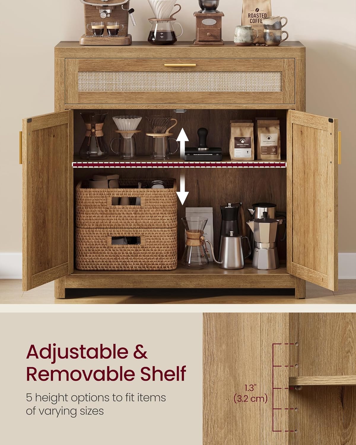 VASAGLE ELLAN Collection - Boho Buffet Cabinet with Rattan-Look Doors, Sideboard Storage Cabinet, Rounded Corners, Adjustable Shelf, Drawer, for Kitchen, Natural Brown UBBK601KC01