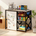 METYERRY Kitchen Bakers Rack with Power Outlet,Mini Fridge Cabinet with Mesh Basket, Mini Fridge and Microwave Table with Storage for Office,Kitchen,Living Room,Coffee Bar,Patio,Greige