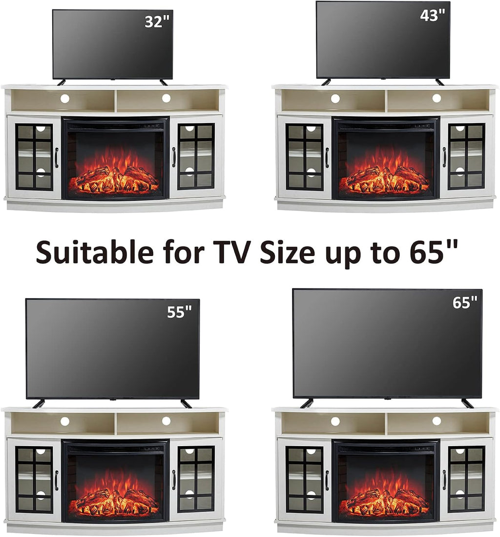 AMERLIFE Curved Fireplace TV Stand with 26'' Electric Fireplace, Media Entertainment Center Farmhouse Glass Door Storage Cabinet, Open Shelve Console Table for TVs up to 65'', Distressed White