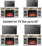 AMERLIFE Curved Fireplace TV Stand with 26'' Electric Fireplace, Media Entertainment Center Farmhouse Glass Door Storage Cabinet, Open Shelve Console Table for TVs up to 65'', Distressed White