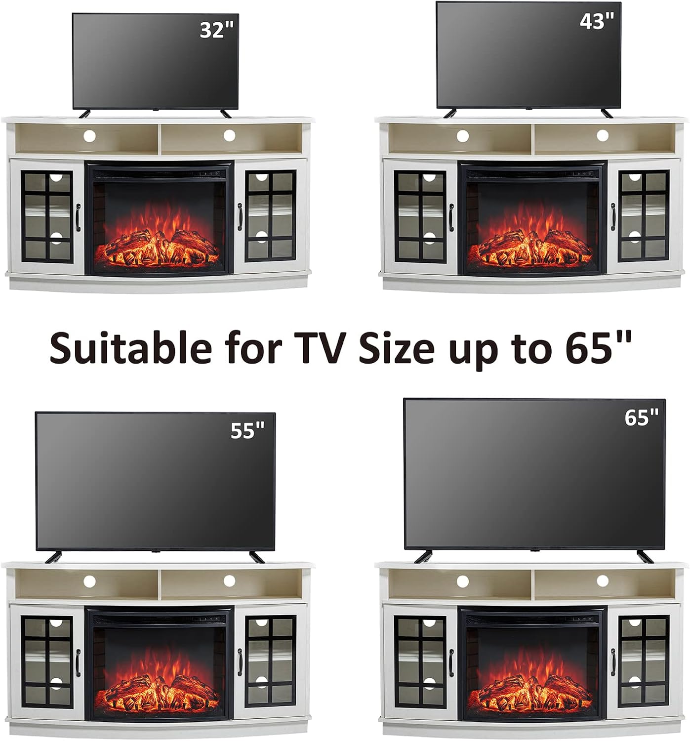 AMERLIFE Curved Fireplace TV Stand with 26'' Electric Fireplace, Media Entertainment Center Farmhouse Glass Door Storage Cabinet, Open Shelve Console Table for TVs up to 65'', Distressed White