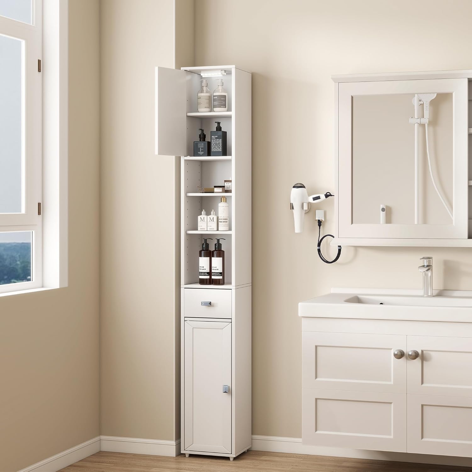 Tall Storage Cabinet, 7.9 Inch Narrow Bathroom Cabinet with USB Magnetic Light, Open Shelf, Magnetic Doors & Drawer, 5 Adjustable Shelves, Anti-Tip Kit for Small Spaces, Living Room, White, 70.9" H