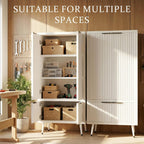 Foxemart White Fluted 51" Tall Wooden Kitchen Pantry Storage Cabinet Food Organize with Adjustable Shelves, Modern Accent Cabinet Sideboard Buffet for Dining Room, Entryway, Bathroom, Home Office
