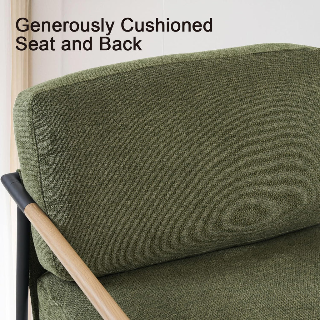 2PCS Green Accent Chair Set of 2 Chenille Mid Century Modern Armchair with Upholstered Soft Cushion for Living Room,Lounge,Bedroom,Wood-Grain Metal Armrest Legs