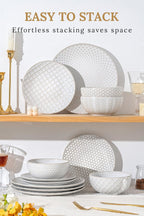 FOBENTA 24-Piece Ceramic Dinnerware Set,Large Plates and Bowls Set for 6,Elegant Dish Set for Families & Entertaining–Microwave & Dishwasher Safe Tableware (Double Bowl)