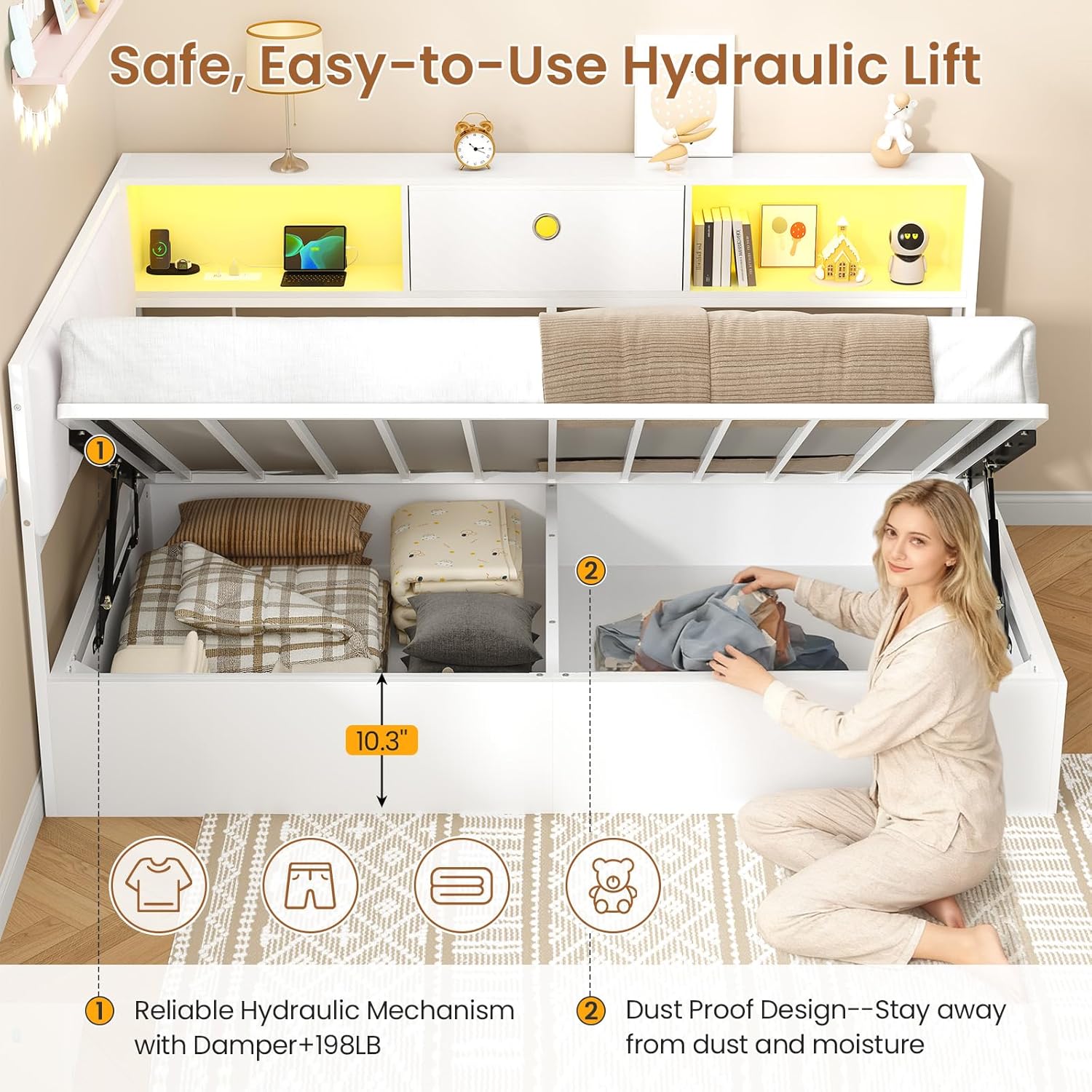 Hasuit Corner Twin Lift Up Storage Bed Frame with Charging Station & LED Lights, Twin Day Bed with Upholstered Headboard and Bookcase, Corner Beds with Hydraulic for Kids Teens Guests, White