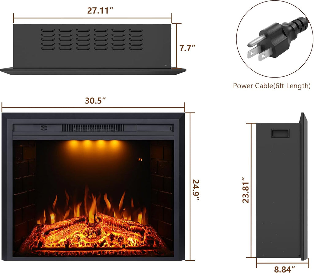 Valuxhome Recessed Electric Fireplace, 30 Inches Electric Fireplace Insert, Fireplace Heater with Overheating Protection, Fire Crackling Sound, Remote Control, 750/1500W, Black