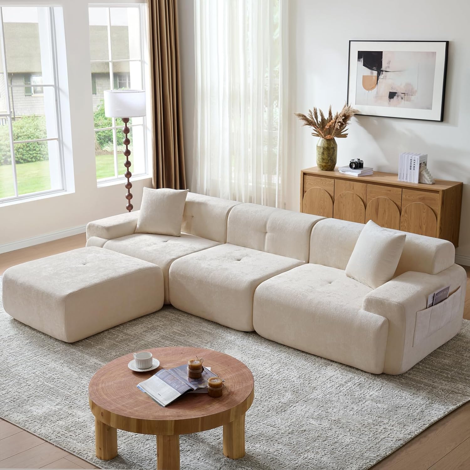 LIDYUK 118" Modern L-Shaped Boneless Couch Modular Sectional Sofa for Living Room, Chenille Upholstery Beige, Oversized 3-Seater Sectional Couch with Deep Seat and Movable Ottoman, No Assembly