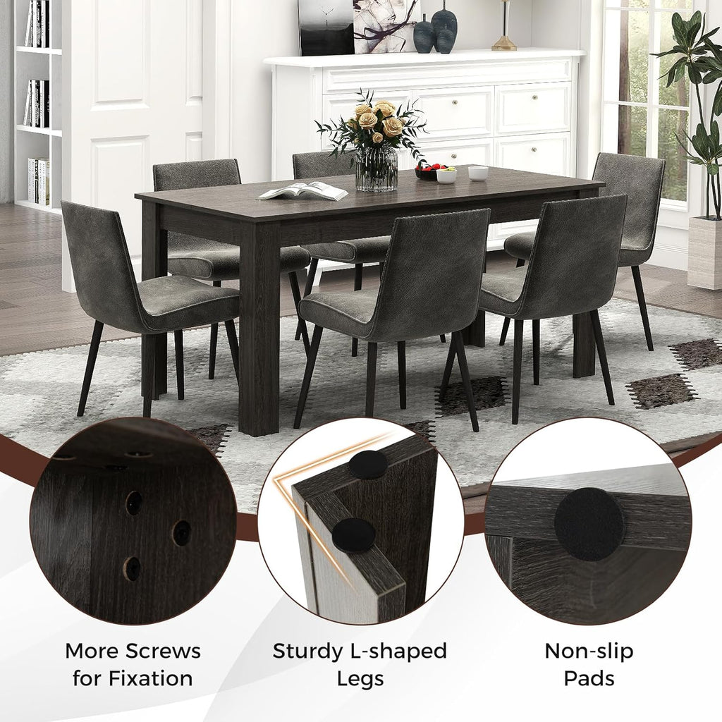 COSTWAY 63' Rectangular Dining Table for 4-6 People, Modern Farmhouse Dinette Table with Large Computer Workstation, Grey