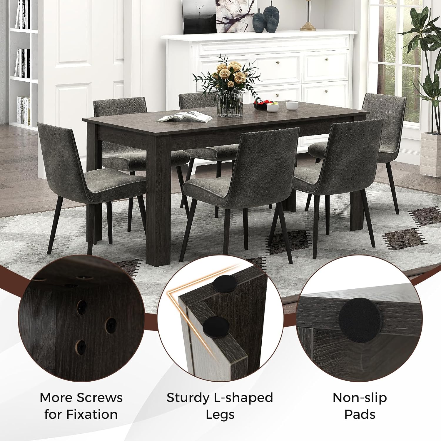 COSTWAY 63' Rectangular Dining Table for 4-6 People, Modern Farmhouse Dinette Table with Large Computer Workstation, Grey