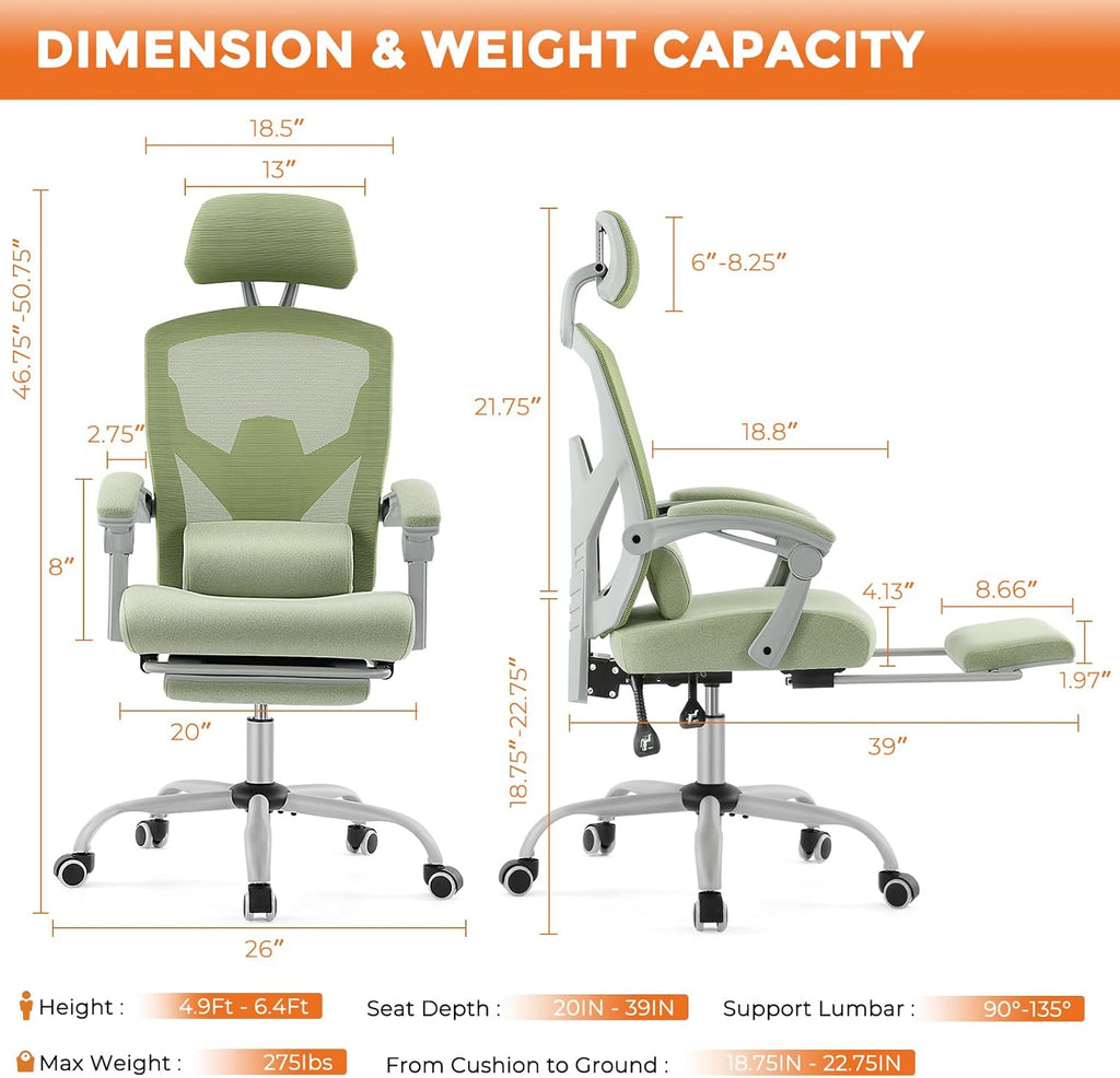 Sweetcrispy Office Computer Desk Chair, Ergonomic High-Back Mesh Rolling Work Swivel Chairs with Wheels, Comfortable Lumbar Support, Comfy Arms for Home, Bedroom, Study, Student, Green