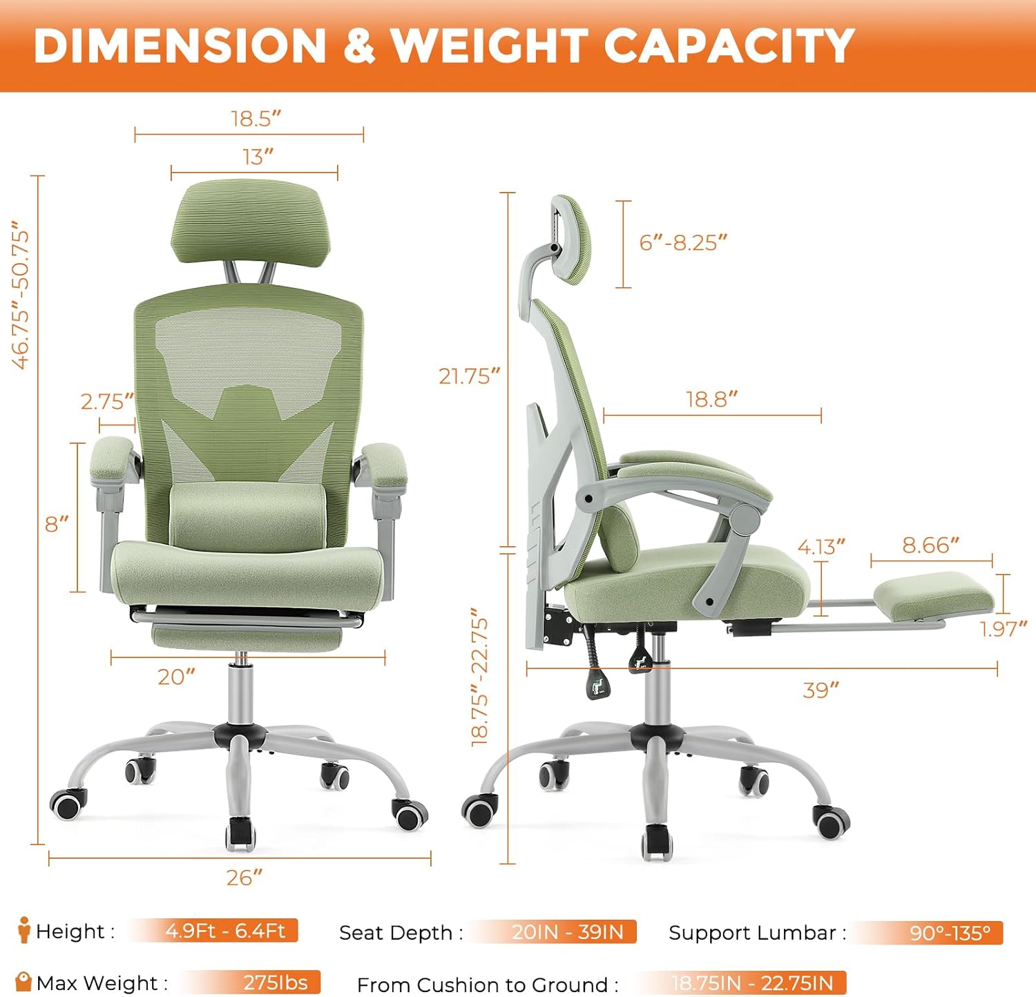 Sweetcrispy Office Computer Desk Chair, Ergonomic High-Back Mesh Rolling Work Swivel Chairs with Wheels, Comfortable Lumbar Support, Comfy Arms for Home, Bedroom, Study, Student, Green