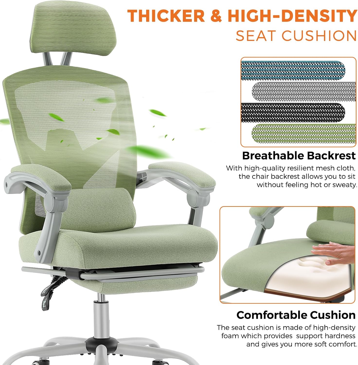 Sweetcrispy Office Computer Desk Chair, Ergonomic High-Back Mesh Rolling Work Swivel Chairs with Wheels, Comfortable Lumbar Support, Comfy Arms for Home, Bedroom, Study, Student, Green