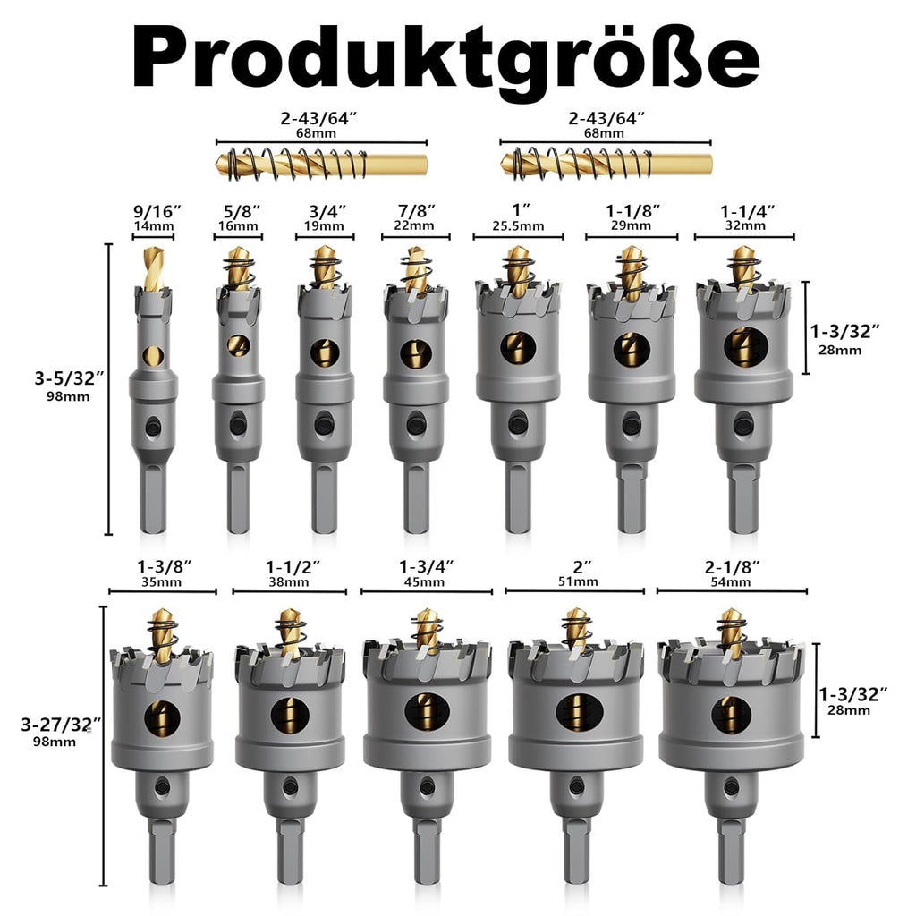 GSTK Upgrade Heavy Duty Carbide Hole Saw 14 Pcs,Metal Steel Hole Saw Drill Bit,TCT Hole Cutter,Alloy Hardness Upgrade, with 2*Extra Titanium Plated Pilot Center Drill and 2*L-Wrench