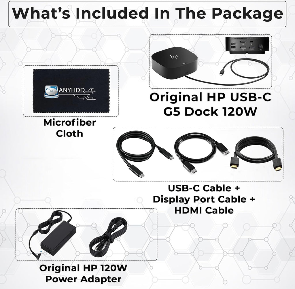 HP Docking Station for Laptop Dual Monitor and Charging Bundle - HP USB-C G5 Dock 5TW10AA / 5TW10UT / 5TW10AA#ABB with 120W Adapter  HDMI  DisplayPort  USB-C Cables & Microfiber Cleaning Cloth