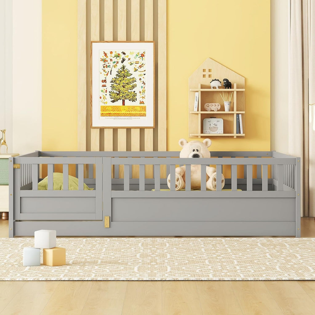 Full Floor Bed with Slats, High Fence and Door, Montessori Floor Bed Full Size, No Box Spring Needed, Easy Assemble Floor Bed(Gray Full)
