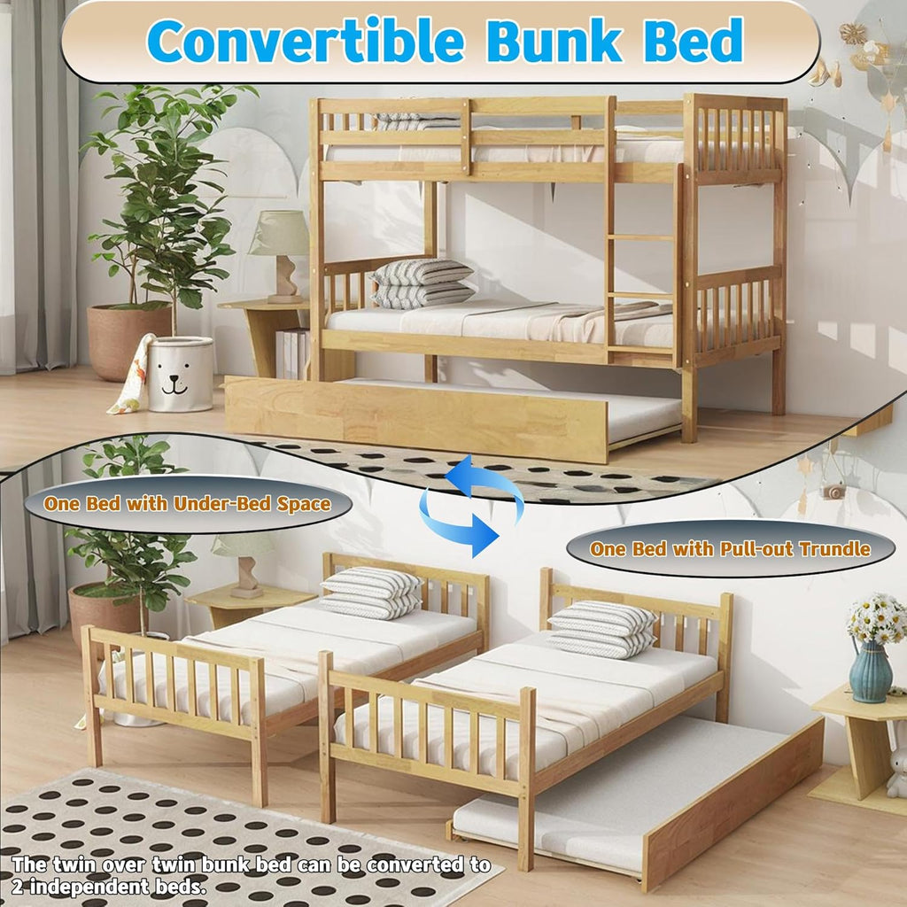 Harper & Bright Designs Convertible Wood Twin-Over-Twin Bunk Bed with Trundle and Ladder - Can Be Divided Into Two Platform Beds, White Oak
