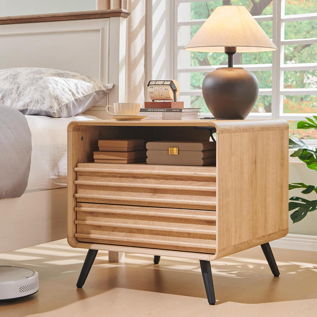 RedLemon 24" Nightstand Set of 2 with Charger Station, Mid Century Modern Fluted End Table with 2 Drawers, Wooden Side Table with Open Cubby Storage for Living Room, Bedroom, Office(Natural Oak)