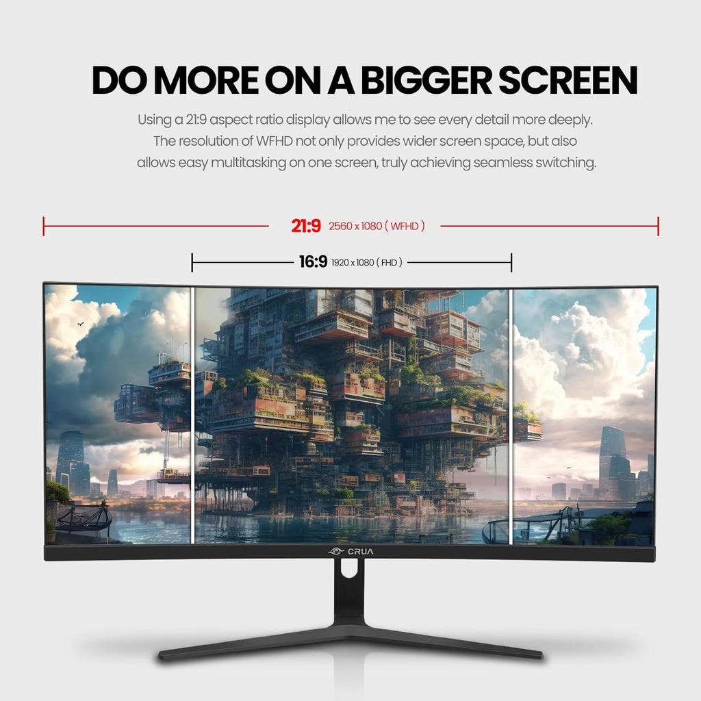 CRUA 30Inch Ultrawide Curved Monitor  21:9 FHD(2560x1080P) VA Computer Monitor  120% sRGB 100HZ 1500R PC Monitors Support FreeSync  Wall-Mounted  with HDMI/DP Display Port-Black