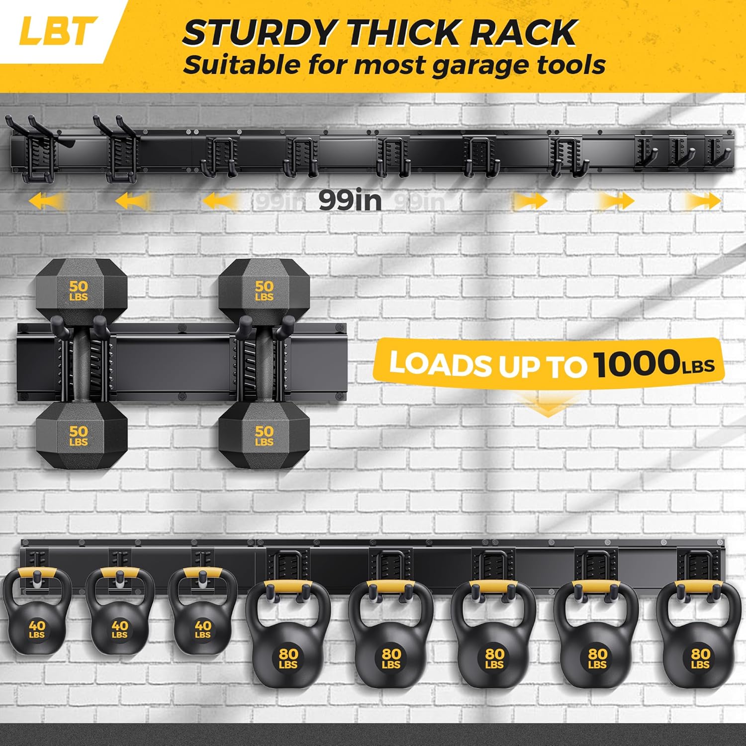 LBT 99" Garage Tool Organizer Wall Mount - 1000lbs Garden Tool Organizer with Adjustable Hooks, Heavy Duty Metal Garage Storage Rack, Anti-Rust Shed Rack Holder Hanging Rake Broom Mower Snowboard