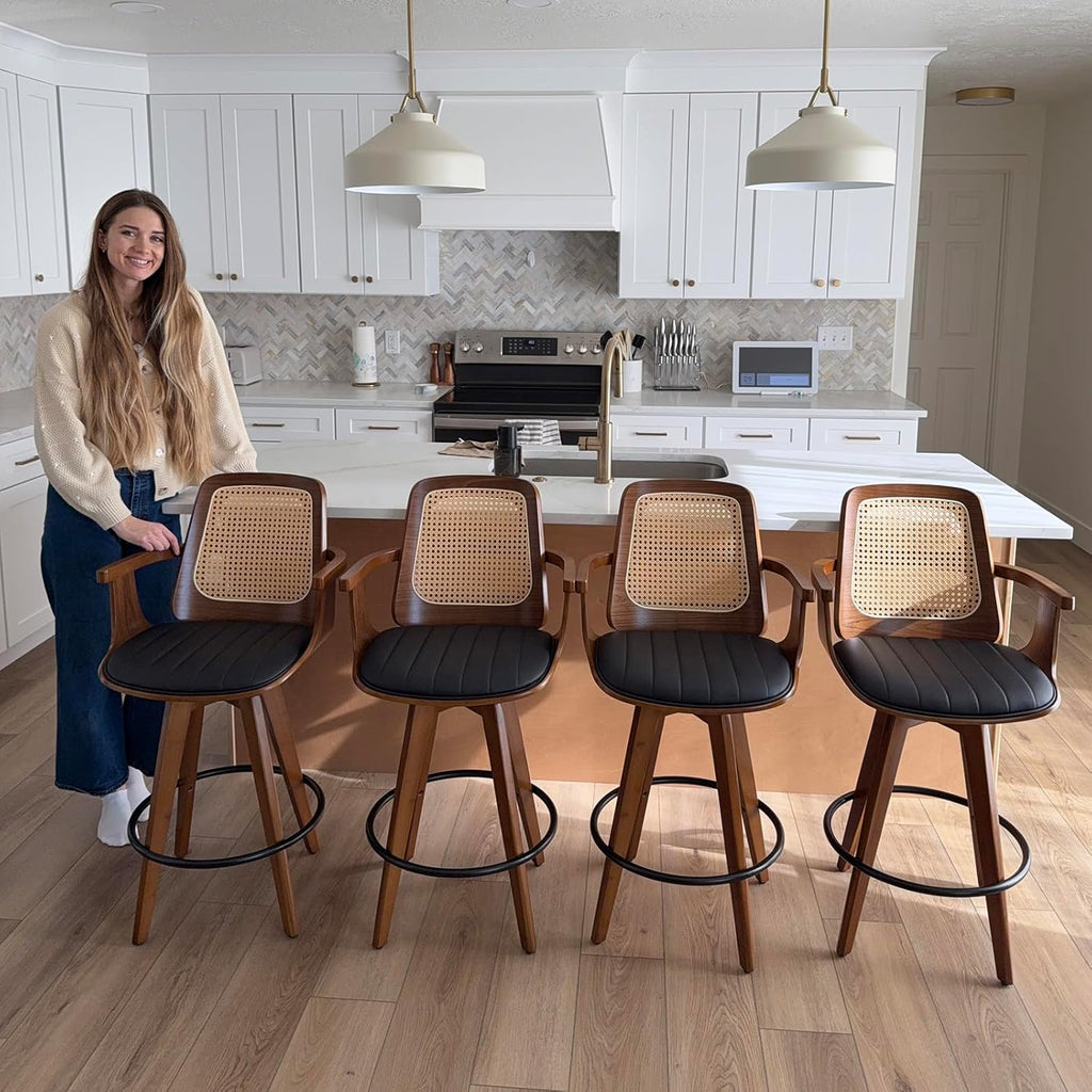 Counter Height Stools Set of 2, 26.3" Seat Height 360° Swivel Stools with Ergonomic Rattan Back, Faux Leather Seat, Bamboo Legs with Walnut Finish, Mid-Century Style (Cream)