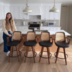 Counter Height Stools Set of 2, 26.3" Seat Height 360° Swivel Stools with Ergonomic Rattan Back, Faux Leather Seat, Bamboo Legs with Walnut Finish, Mid-Century Style (Cream)