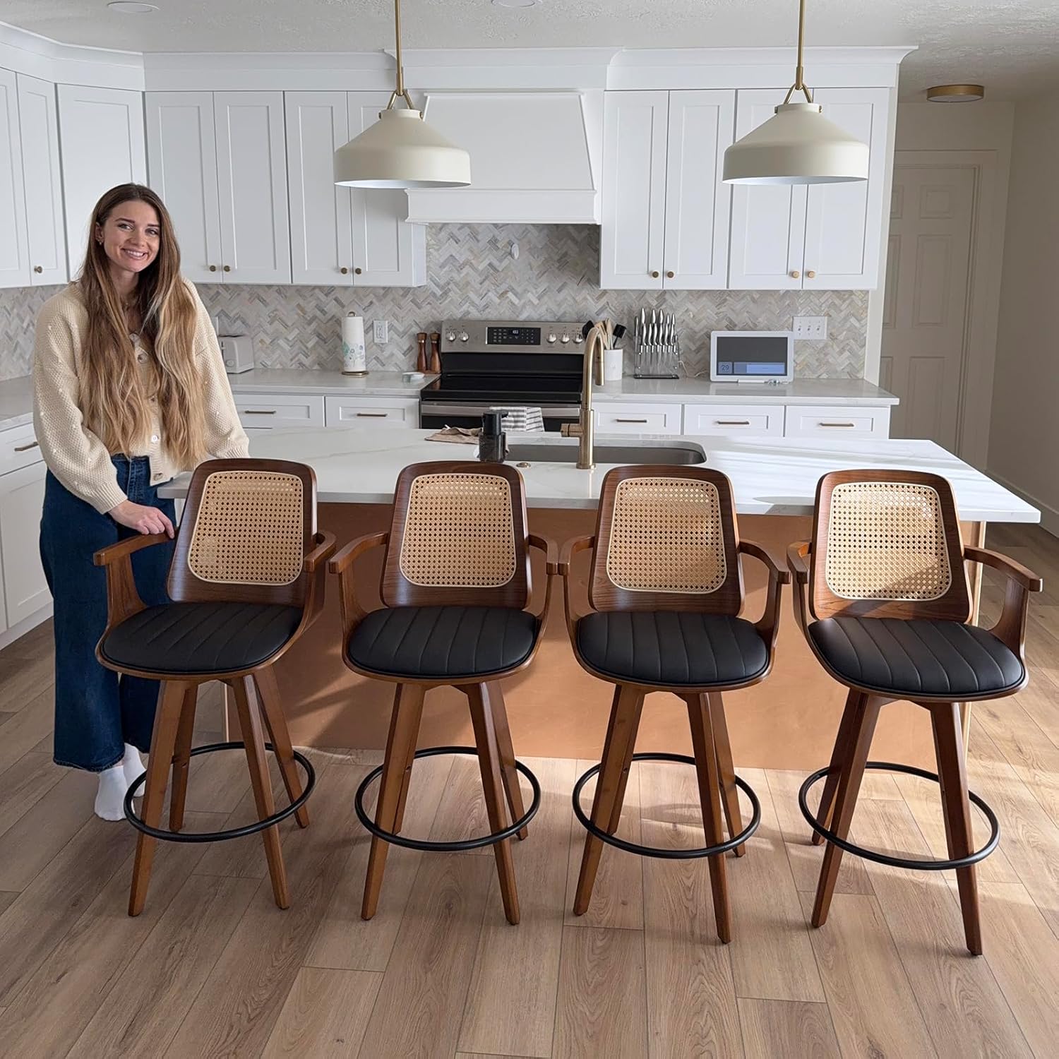 Counter Height Stools Set of 2, 26.3" Seat Height 360° Swivel Stools with Ergonomic Rattan Back, Faux Leather Seat, Bamboo Legs with Walnut Finish, Mid-Century Style (Cream)