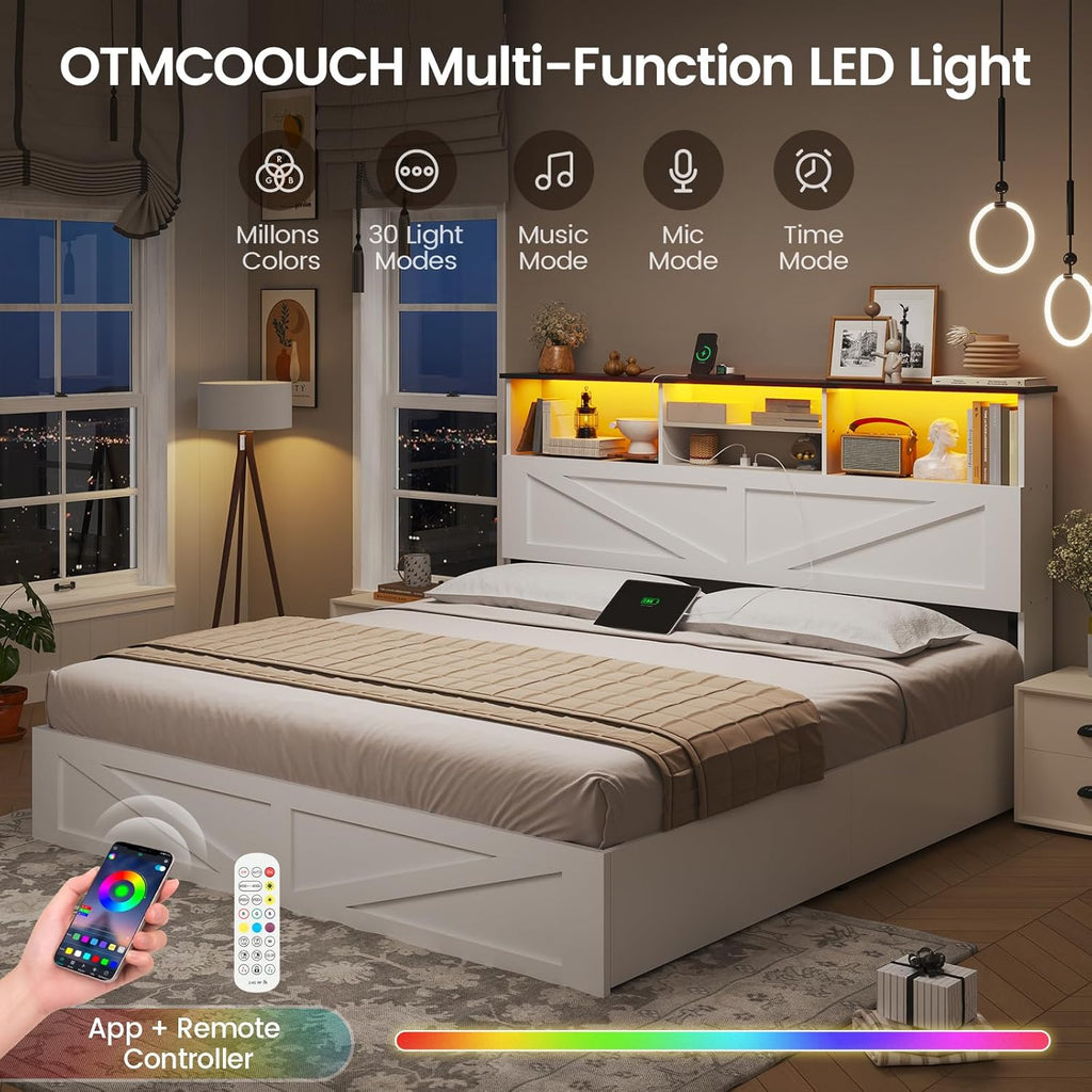 AOGLLATI Farmhouse Bed Frame Full Size with 4 Storage Drawers and Charging Station, Wooden Full Size Bed Frame with Hidden Space Bookcase Headboard and Led Lights & Metal Slats, White