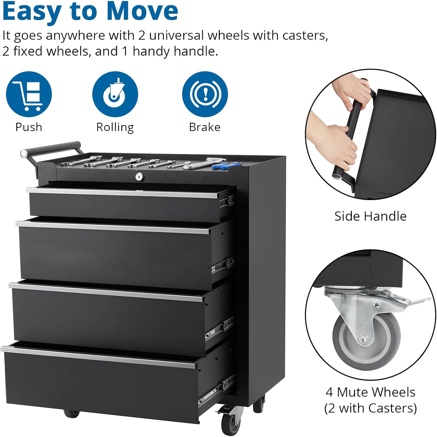 Heavy-Duty Rolling Tool Chest with 4 Lockable Drawers, Featuring a Sturdy Metal Cabinet and Smooth-Wheeling Mobility, Includes Protective Drawer Liners for Secure Storage