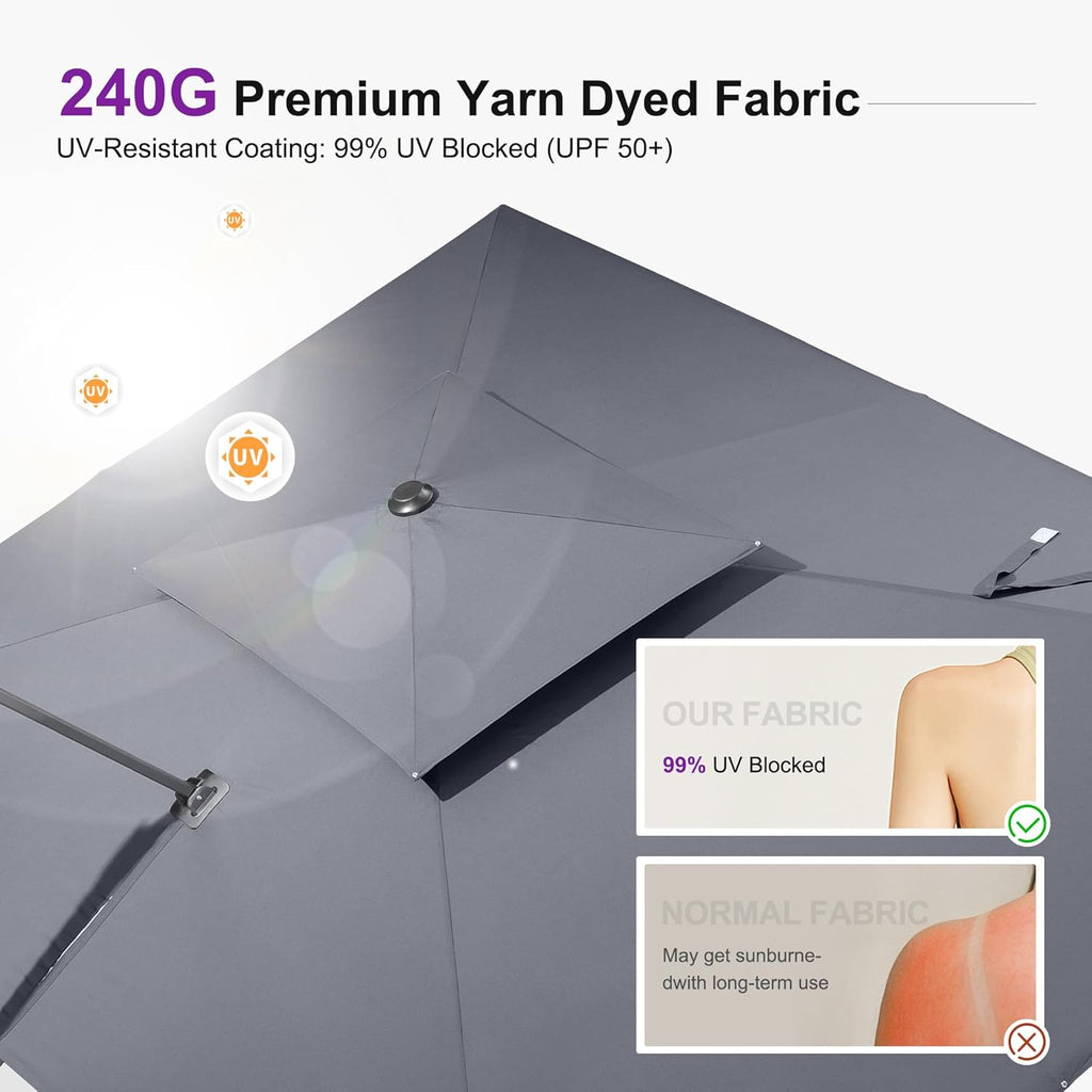 PURPLE LEAF 9' X 12' Cantilever Outdoor Umbrellas Large Patio Umbrella Hanging Double Top Rectangle Offset Umbrella with 360°Rotation Tilting Umbrella Outdoor Patio  Grey
